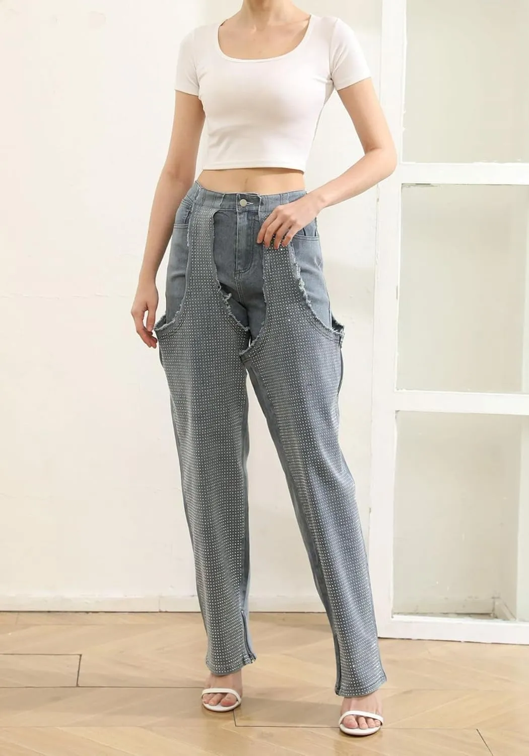 YOOTIKO Women Baggy Jeans Y2k High Waisted Wide Leg Boyfriend Patchwork Ripped Jeans Streetwear
