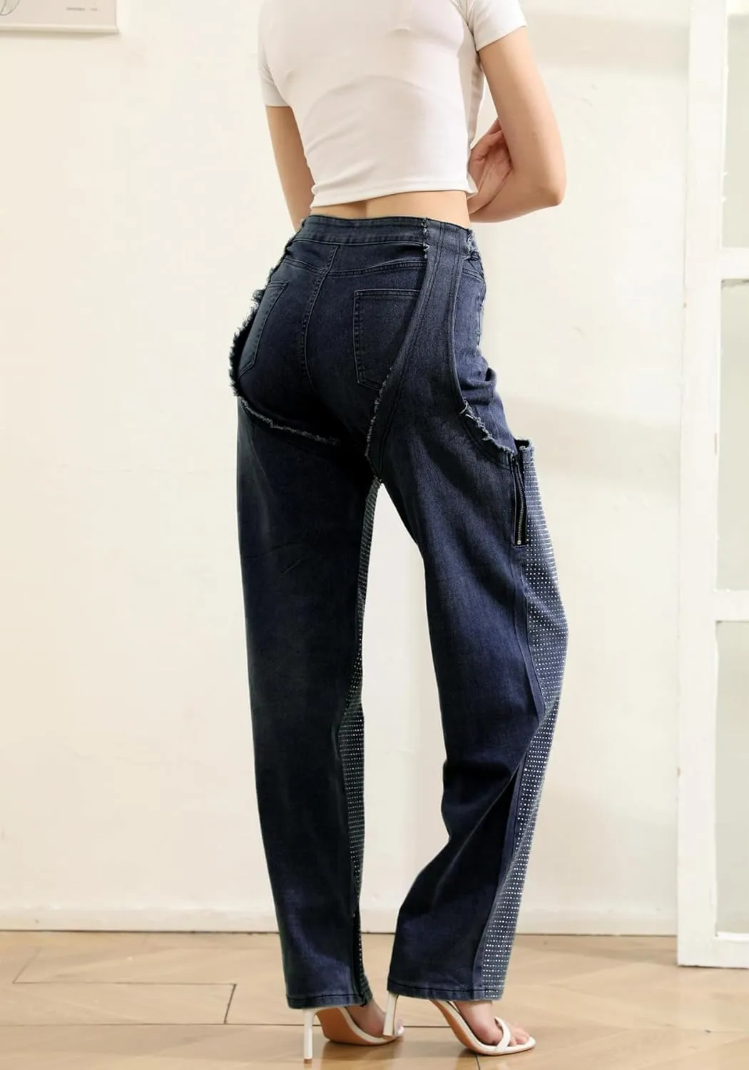 YOOTIKO Women Baggy Jeans Y2k High Waisted Wide Leg Boyfriend Patchwork Ripped Jeans Streetwear