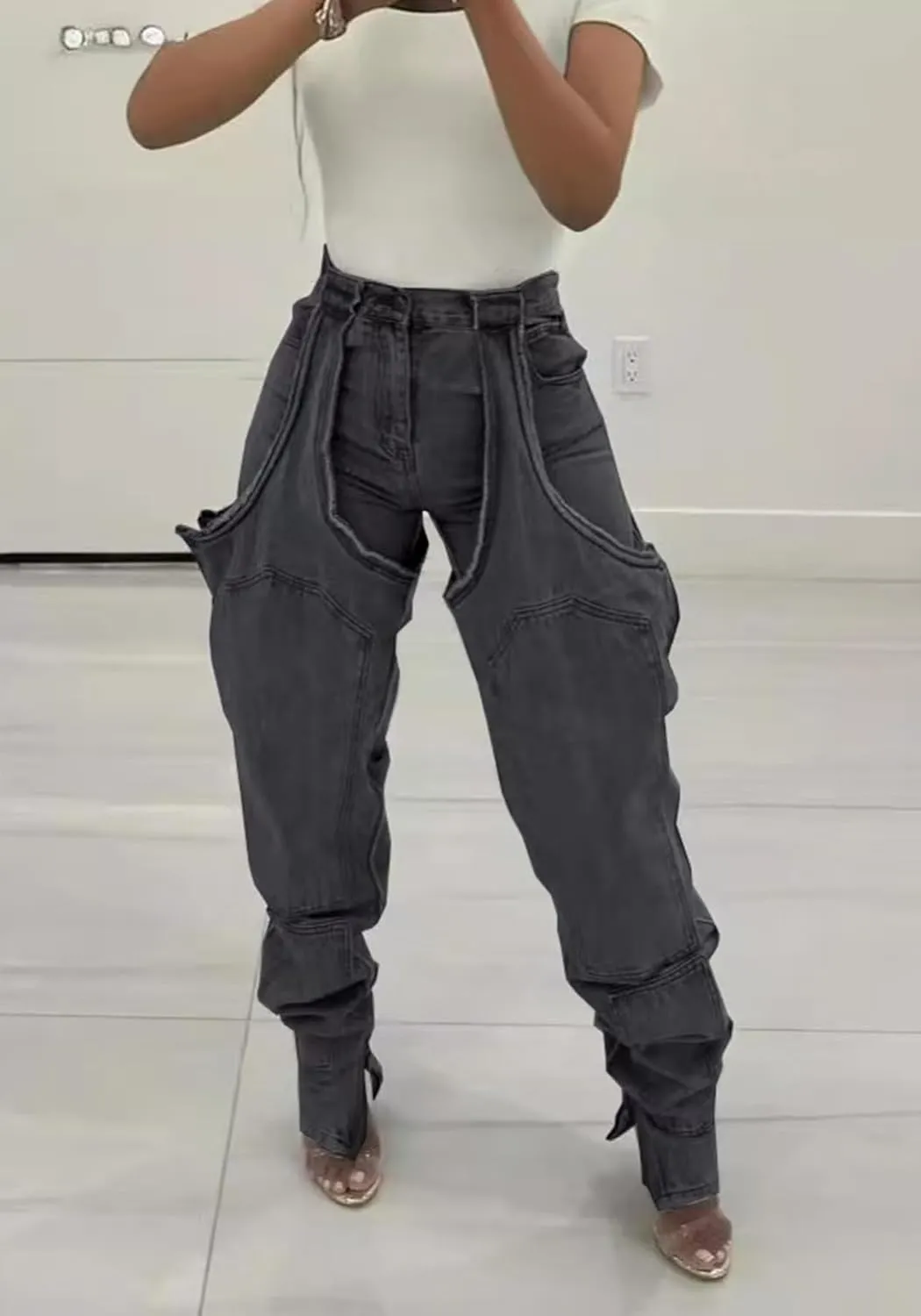 YOOTIKO Women Baggy Jeans Y2k High Waisted Wide Leg Boyfriend Patchwork Ripped Jeans Streetwear