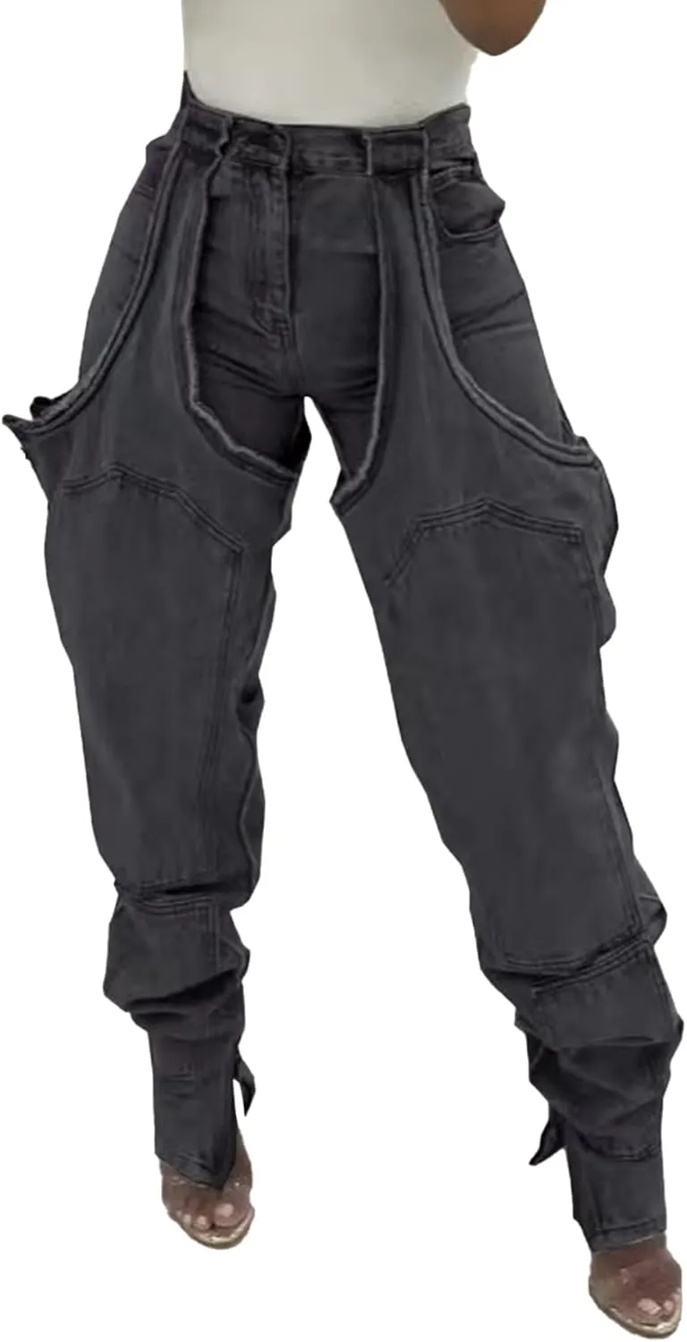 YOOTIKO Women Baggy Jeans Y2k High Waisted Wide Leg Boyfriend Patchwork Ripped Jeans Streetwear