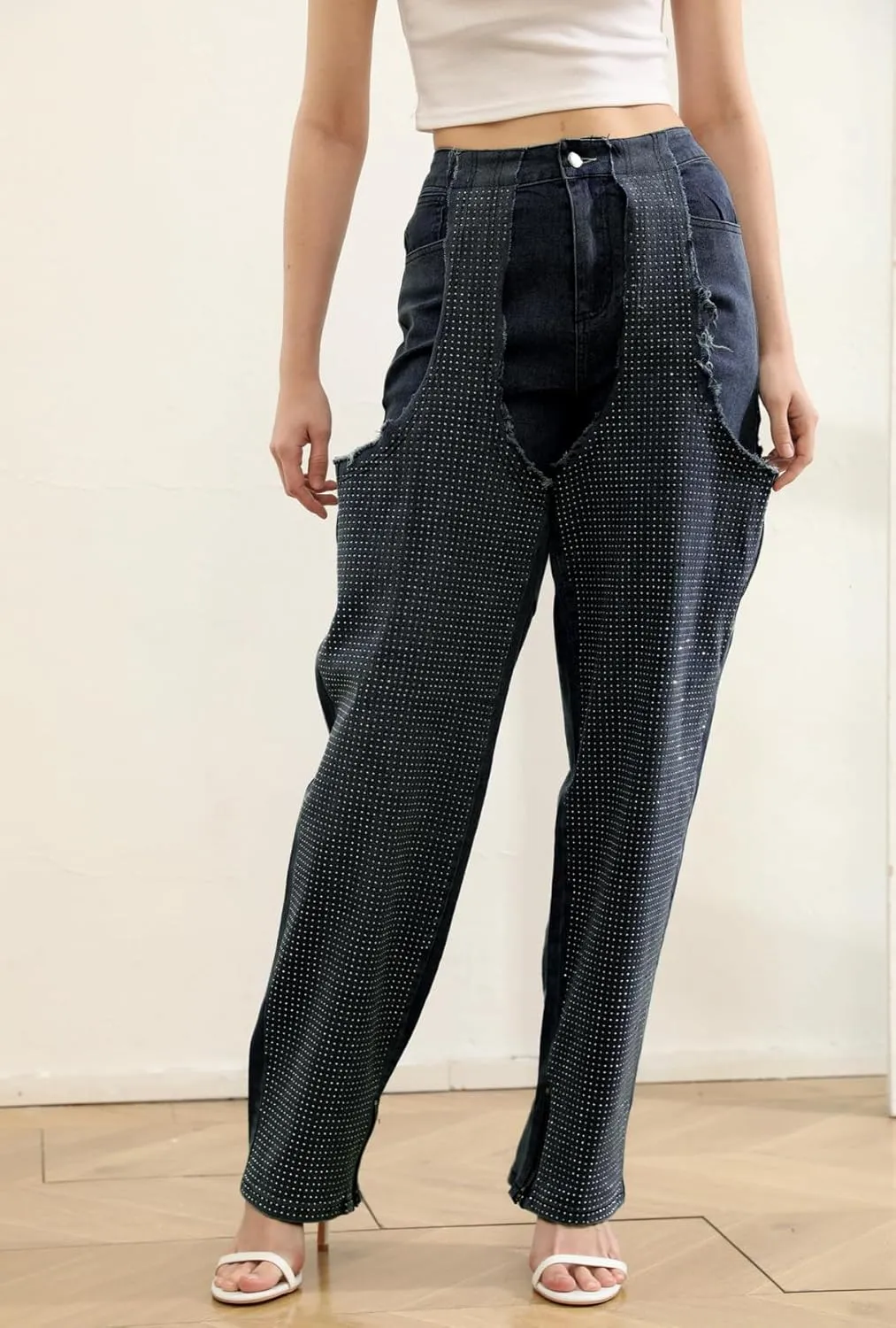 YOOTIKO Women Baggy Jeans Y2k High Waisted Wide Leg Boyfriend Patchwork Ripped Jeans Streetwear