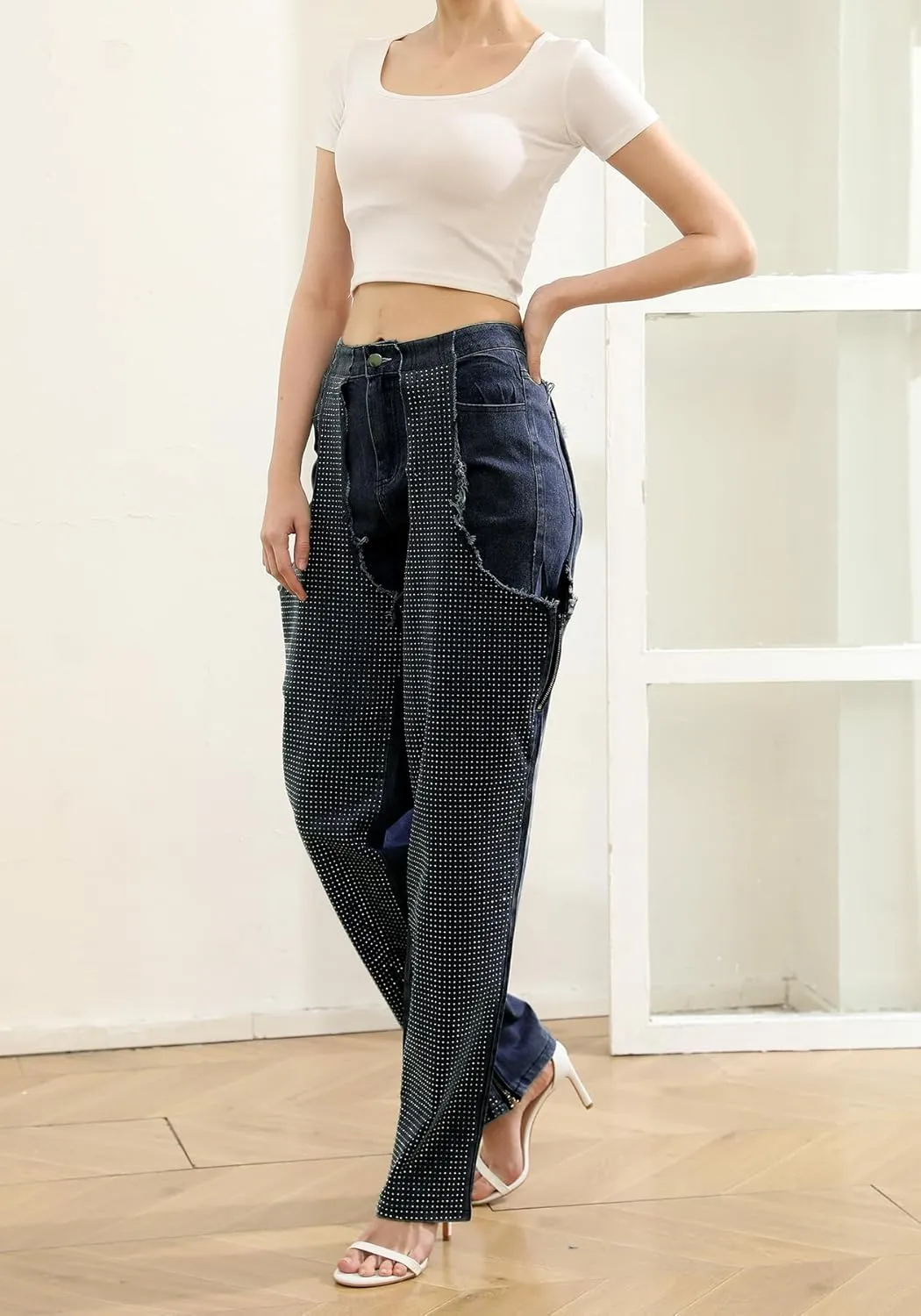YOOTIKO Women Baggy Jeans Y2k High Waisted Wide Leg Boyfriend Patchwork Ripped Jeans Streetwear