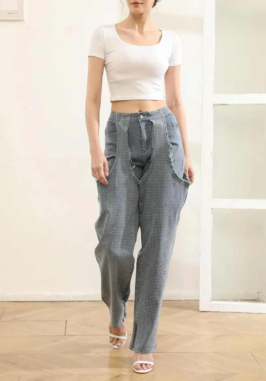 YOOTIKO Women Baggy Jeans Y2k High Waisted Wide Leg Boyfriend Patchwork Ripped Jeans Streetwear