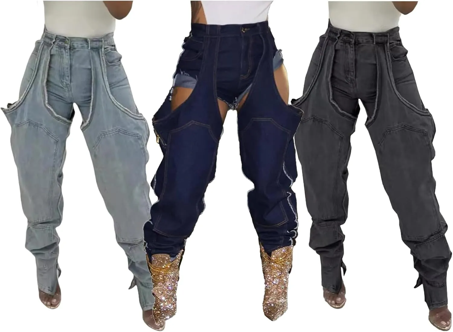 YOOTIKO Women Baggy Jeans Y2k High Waisted Wide Leg Boyfriend Patchwork Ripped Jeans Streetwear