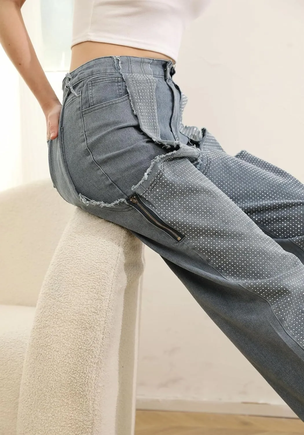 YOOTIKO Women Baggy Jeans Y2k High Waisted Wide Leg Boyfriend Patchwork Ripped Jeans Streetwear