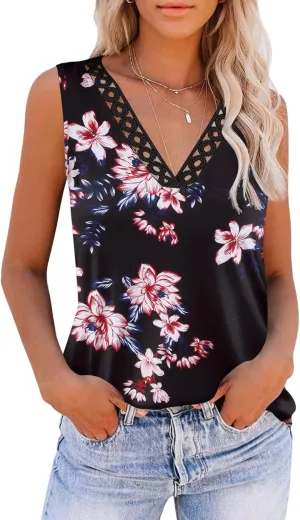Zeagoo Women 2025 V Neck Lace Tank Tops Summer Floral Print Loose Fit Tops Sleeveless Shirts Casual Trendy Blouse