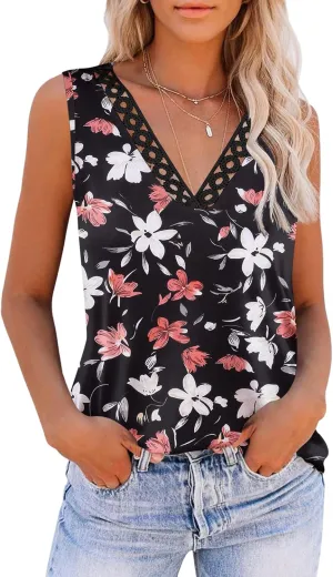 Zeagoo Women 2025 V Neck Lace Tank Tops Summer Floral Print Loose Fit Tops Sleeveless Shirts Casual Trendy Blouse