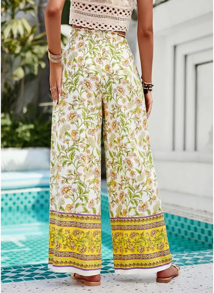 ZOCAVIA Womens Floral Print Harem Pants with Pockets Yoga Boho Pants Flowy Wide Leg Pants Casual Palazzo Pants Beach Pants