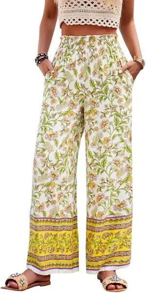 ZOCAVIA Womens Floral Print Harem Pants with Pockets Yoga Boho Pants Flowy Wide Leg Pants Casual Palazzo Pants Beach Pants