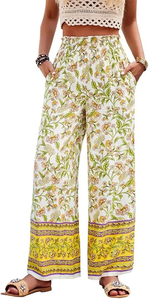 ZOCAVIA Womens Floral Print Harem Pants with Pockets Yoga Boho Pants Flowy Wide Leg Pants Casual Palazzo Pants Beach Pants