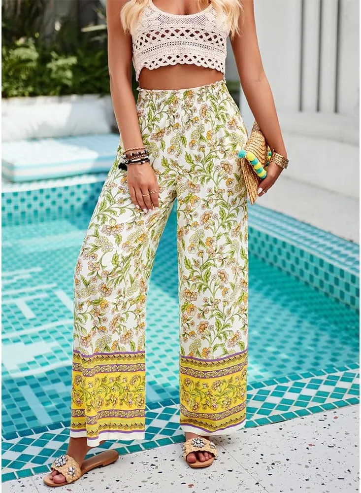 ZOCAVIA Womens Floral Print Harem Pants with Pockets Yoga Boho Pants Flowy Wide Leg Pants Casual Palazzo Pants Beach Pants