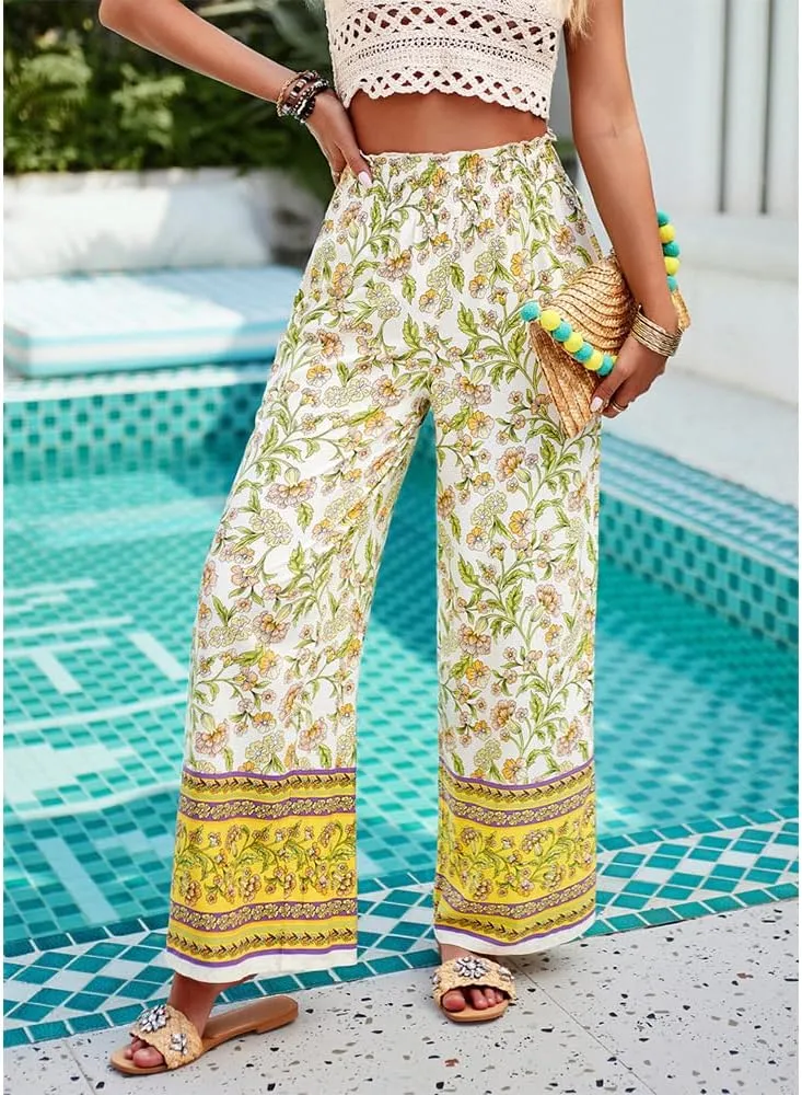ZOCAVIA Womens Floral Print Harem Pants with Pockets Yoga Boho Pants Flowy Wide Leg Pants Casual Palazzo Pants Beach Pants
