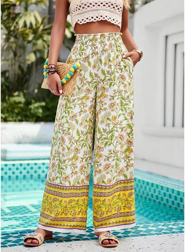 ZOCAVIA Womens Floral Print Harem Pants with Pockets Yoga Boho Pants Flowy Wide Leg Pants Casual Palazzo Pants Beach Pants