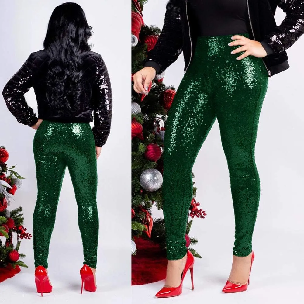 ZYXTIM Women's Shiny Sequin Petite Pants High Waist Stretchy Casual Hip Hop Club Wear Straight Leg Plus Size Pencil Pant