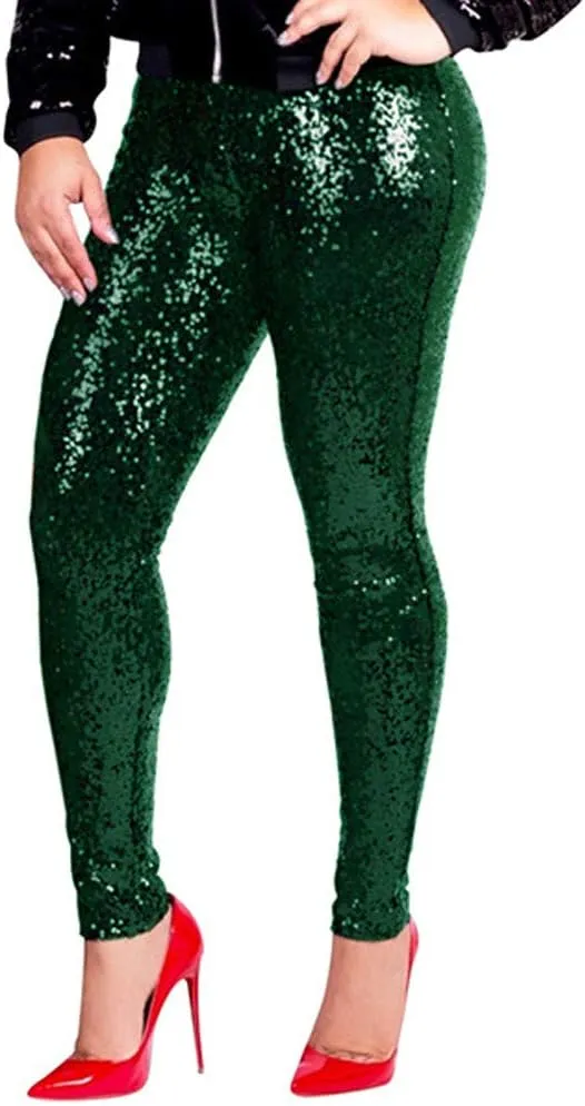 ZYXTIM Women's Shiny Sequin Petite Pants High Waist Stretchy Casual Hip Hop Club Wear Straight Leg Plus Size Pencil Pant