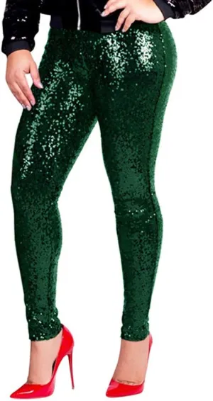 ZYXTIM Women's Shiny Sequin Petite Pants High Waist Stretchy Casual Hip Hop Club Wear Straight Leg Plus Size Pencil Pant